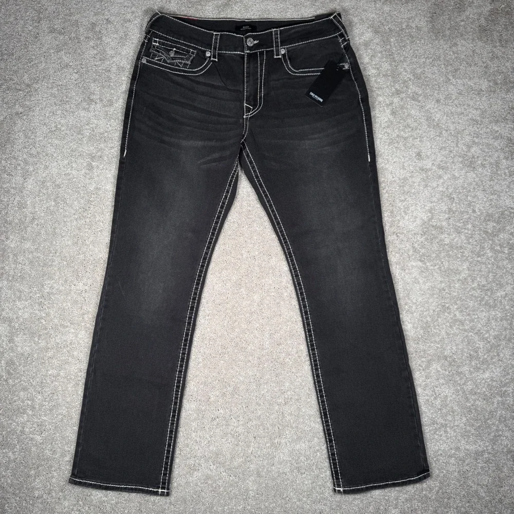 NWT True Religion Ricky Big‎ T Flap Straight Men's 36x33 Jeans Grey Smoky Denim